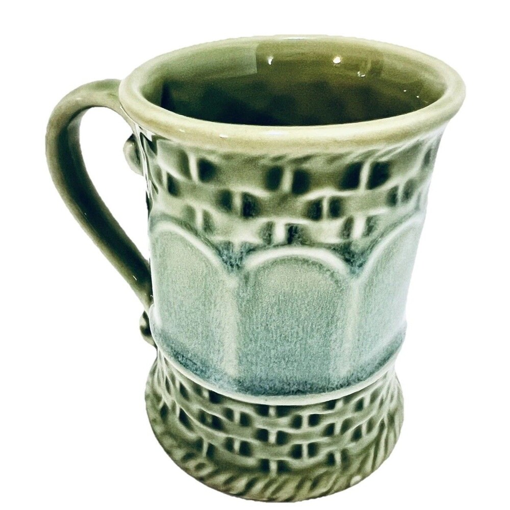 Vintage Norleans Japan Set 3 Green Celadon Demitasse Espresso Cups Basketweave